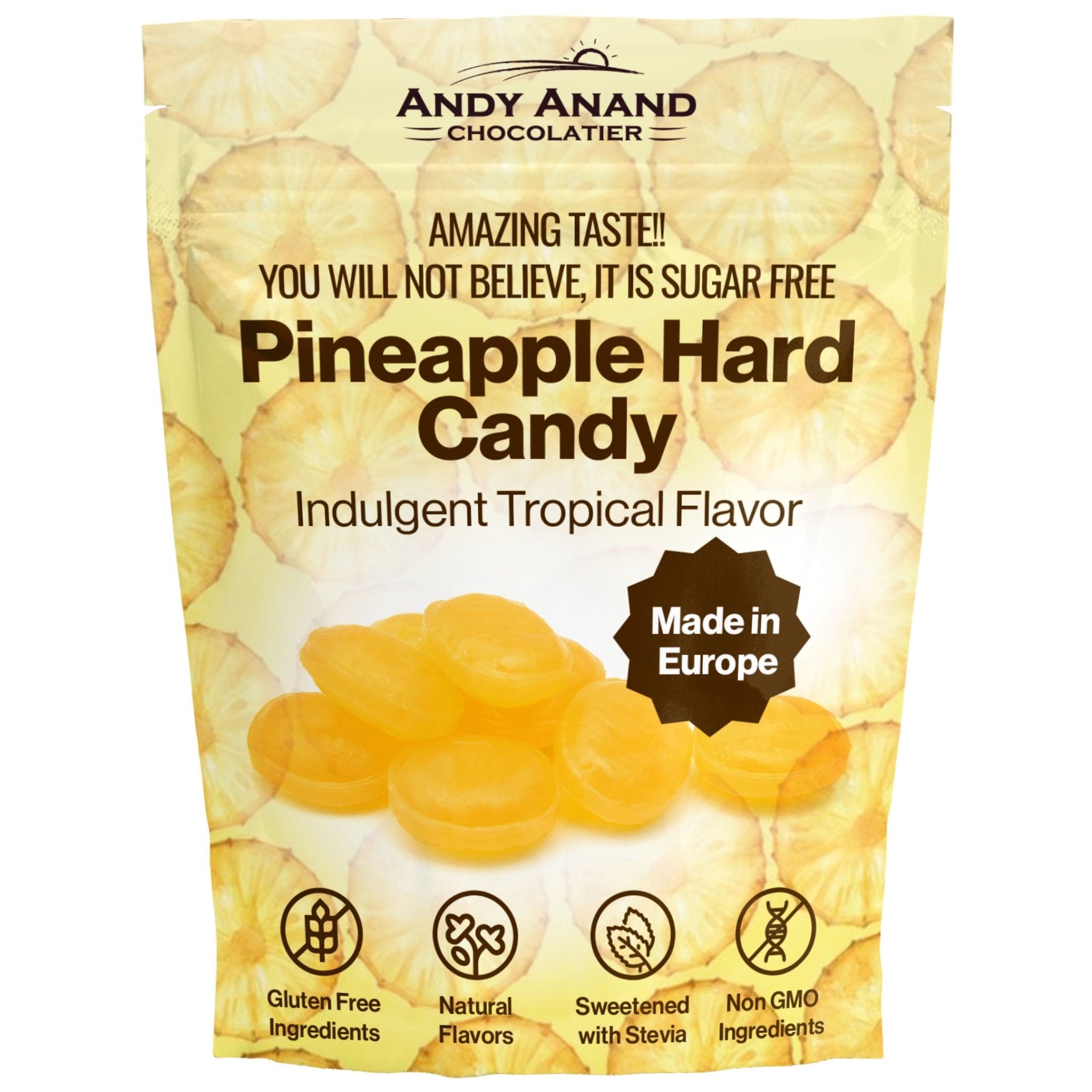 Andy Anand Sugar-Free Pineapple Hard Candy (7 oz) | European Imported, Stevia-Sweetened | Local SoCal Bakery
